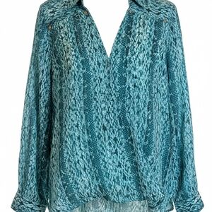 Michael Kors Teal Patterned V-Neck Blouse